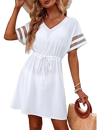 RPAEOY Women Bikini Cover Ups V Neck Short Sleeve Mini Beach Dress Beachwear Swimsuit Cover Up Shirt Sexy Casual Summer Pool Swimwear Bathing Suit (White,M)