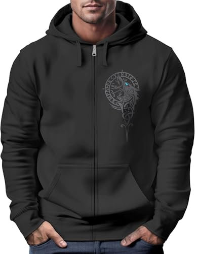 Neverless® Fenrir Men's Hooded Sweat Jacket Nordic Mythology Viking Print Zip Jacket Men, Fenrir Compass Black, XL