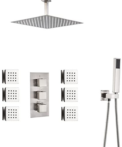 Deckenmontiertes Duschdüsensystem, thermostatisches 3-Wege-Duschventil, Badezimmer-Duschkombinationsset mit 6 Massage-Körpersprays, gebürstetes Nickel-Finish, 12 Zoll
