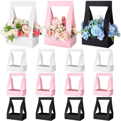 12Pcs Kraft Flower Box with Handle - Rectangle Bouquet Bag, Waterproof Packaging for Wedding, Birthday, Mother's Day, Graduation (Black, Pink, White)