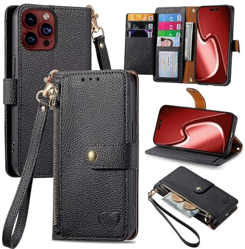 Beajew Custodia Compatibile con iPhone 7 Plus/8 Plus, con chiusura lampo Funzione Stand scomparti [Magnetica] [Antiurto] Pelle portafoglio Cover, [RFID Blocking] TPU Antiurto Flip Cover Libro- Nero