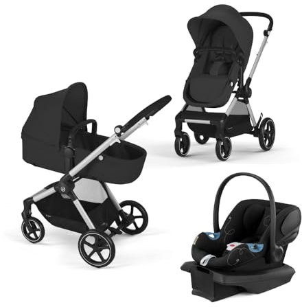 Cybex EOS 5-in-1 Travel System Kinderwagen + leichter Aton G Babyschale, Moon Black, silberner Rahmen