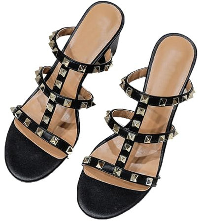 FamMe Nieten-Pumps für Damen, offene Zehenpartie, Sandalen mit Nieten, zum Hineinschlüpfen, klobiger Block-High-Heel, Slingback, Hochzeitskleid, Slipper, Slide-Schuhe,Schwarz,39