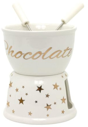 Carousel Home Chocolate Fondue Set | Ceramic Chocolate Tea Light Candle Fondue Set Pot with 2 Forks | White Porcelain Chocolate Fondue Pot