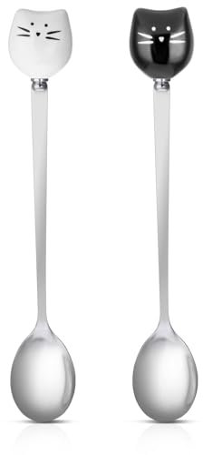 Xinjoduz 4 cucchiai per gatti in acciaio inox e ceramica, set di 4 cucchiaini da tè dolci, a forma di animale, lavabili in lavastoviglie