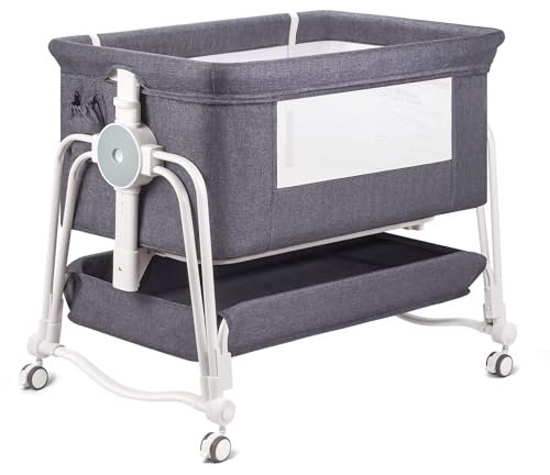 suihuooo 4 In 1 Beistellbett Baby, Reisebett Baby mit Matratze, Babybett 7 Fach höhenverstellbar mit Aufbewahrungskorb & Tragetasche, Licht Kinderbett mit Rollen, Matratze und Moskitonetz(Grau)