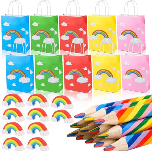 30 Stück Regenbogen Mitgebsel Set, 10 Regenbogenstifte, 10 Radiergummis | 10 Regenbogen Geschenktüten – Mitgebsel für Kindergeburtstag und Partys, Dreikant-Buntstifte zum Malen