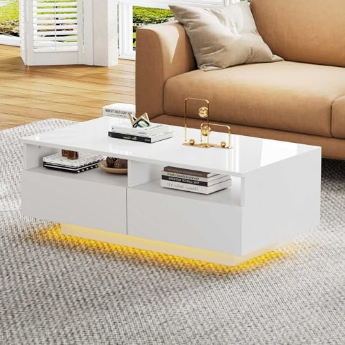 KOMHTOM Table Basse Moderne Blanche avec LED, Table d'appoint Meuble de Salon avec Deux tiroirs Table Basse Coffre avec Rangement (Blanc)