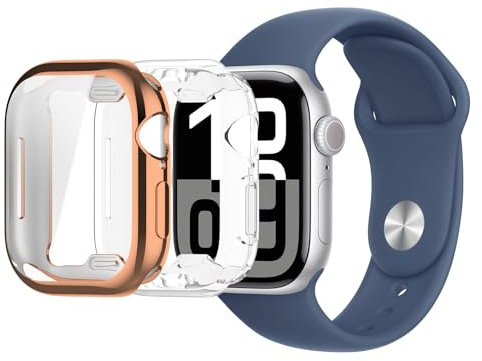 MEMELOKA Cover per Apple Watch Series 10 46mm con Pellicola, [2 Pezzi]Anti-Graffio e Antiurto Morbida TPU Custodia Protettiva con Protezione Completa, Trasparente + Oro Rosa