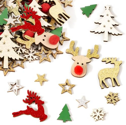 BOFUNX 120pcs Ornamenti Natalizi in Legno Decorazioni Natalizie in Legno con Glitter Addobbi di Natale Legno Fai da Te Artigianato Albero di Natale Fiocco di Neve