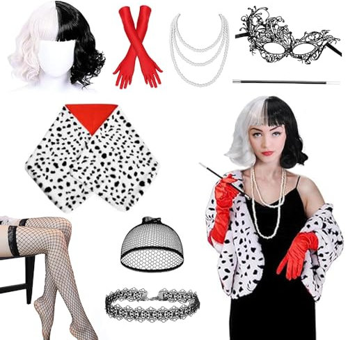 Cruella Devil Kostüm Damen, 9 PCS Perücke Cruella Deville Kostüm, Cruella Devil Perücke mit Faux Schal Handschuhe, Perückenkappe, Spitze Maske, Halsketten, Netzstrümpfe, Holder, Perlenkette Halskette