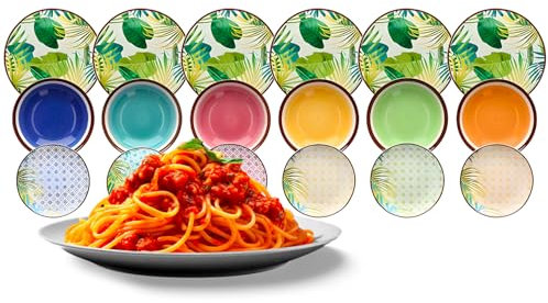 Avilia Servizio Piatti 18 Pezzi in Porcellana Giungla Multicolore - Set Ideale per 6 Persone Comprende 6 Piatti Piani, Fondi e da Dessert - Adatto a Tutte le Occasioni e Lavabile in Lavastoviglie