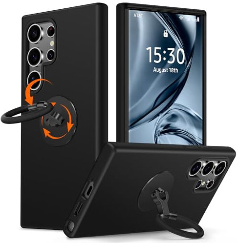 XYZ for Samsung Galaxy S24 Ultra Case With Stand, Rotatable Soft Liquid Silicone Ring Holder Kickstand, Anti-Scratch Shockof Protective Phone Case Cover for Samsung Galaxy S24 Ultra, Black