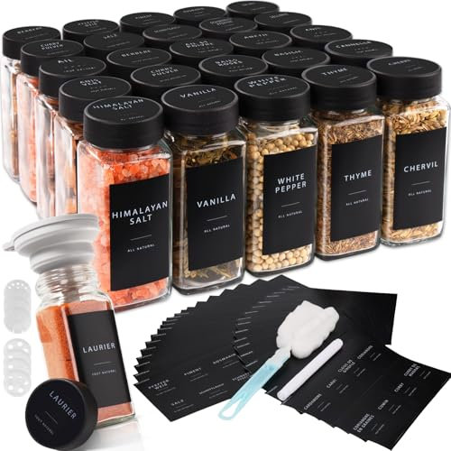 Vikcvcsc Gewürzgläser Eckig Set [25x 120ml] mit Schwarzer Deckel, Gewürzstreuer mit Streueinsatz und 308 Etiketten Schwarz, Gewürzdosen, Hochwertige Gewürzbehälter, Spice Jars, Gewürze organizer