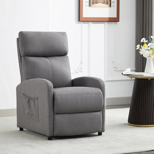 mcc direct Push Back Recliner Chair, Linen Fabric Single Sofa with Lumbar Support, Padded Backrest, Side Pocket and Adjustable Leg Rest for Home Living Room Theatre (Grey)
