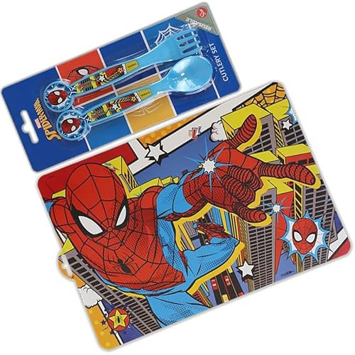 Set di posate e tovagliette Spiderman – Pacchetto pasti per bambini con divertente design dei personaggi – Cucchiaio forchetta riutilizzabile