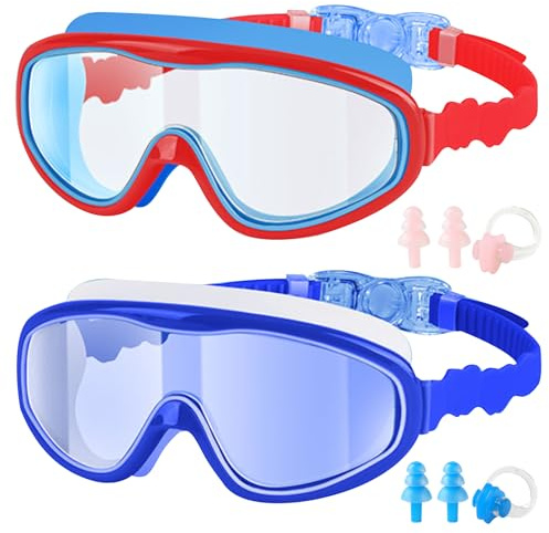 DAVBNM 2 Pack Kids Swimming Goggles, Swim Goggles for Children and Early Teens from 3 to 15 Years Old, Nti-fog, Waterproof, Nose Clip Ear Plugs