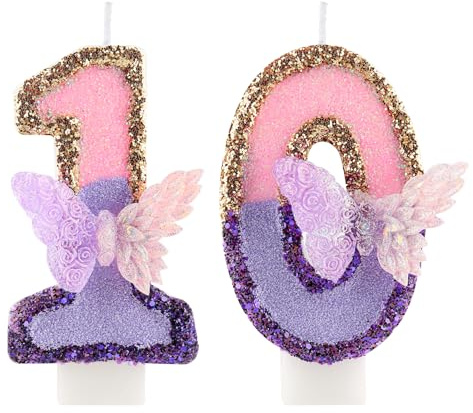 3D Schmetterling Geburtstag Purpur Nummer 10 Kerzen, Purpur Gold Schmetterling Kerzen für Cupcake Topper, Mädchen 100 Geburtstg Kerze Kuchen Topper Dekorationen