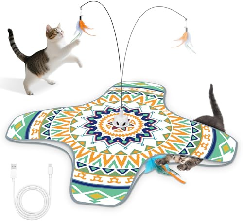 Brifit Interaktives Katzenspielzeug Selbstbeschäftigung, 3-in-1 Versteckspiel Federn Katzenspielzeug Elektrisches, 2 Mouds, USB-Aufladung Intelligenzspielzeug, Geeignet für Katzen Jeden Alters