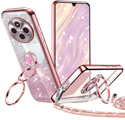 Tawarror Glitzer Handyhülle für Xiaomi Redmi 14C Hülle mit Band, Galvanisierte Silikon TPU für Redmi 14C Schutzhülle mit Herzen Doppelring Ständer, Kordel zum Umhängen Stossfest Case Roségold