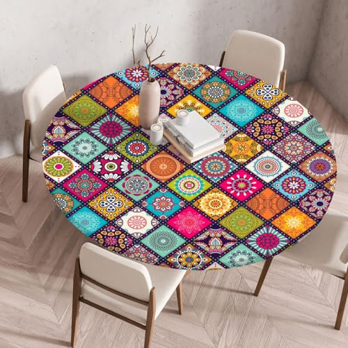 Boho Tischdecke Rund, Outdoor Tischdecke Abwaschbar Rund, Elastisch Gartentischdecke Wetterfest Tablecloth mit Gummizug für Balkon, Garten (Style 4,130cm)