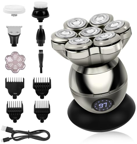 LOPHE 5 en 1 Rasoir Tete Chauve Homme, 7D Rasoir Électrique, Équipé de 7 Têtes de Coupe Flottantes, Type-C Tondeuse Crane Chauve Sans Fil, Sec Étanche IPX6, pour Hommes Chauves Avec Écran LED, A