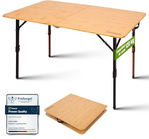 KingCamp Bambus Campingtisch Klappbar, Höhenverstellbar 42-70cm, bis 120kg