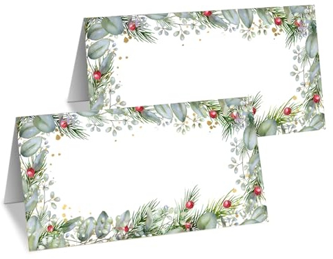 Premium Tischkarten Weihnachten für Namen - 20 Platzkarten zum Beschriften | Eukalyptus Beere - weihnachtliche Namenskarten für Weihnachtsessen, Advent, Familie, Festtage, Weihnachtsfeier