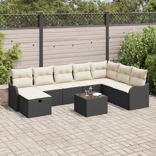 IBUQDDV 9-teiliges Garten Sofa Set mit Kissen in schwarzem Poly Rattan, Eckcouch für 6 Personen, wetterfestes Outdoor Möbel, modulares Design mit verstellbaren Füßen für Terrasse