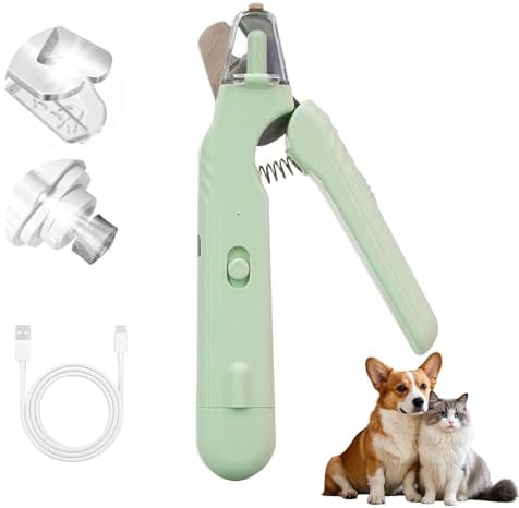 Krallenschleifer für Hunde mit Licht, 2-in-1 Lichtschere Pro Hund, Leiser Krallenschneider mit Spritzschutz, ultrascharfe Klingen, auch als Krallenschere Katzen & Katzenkrallen Schneider (Grün)
