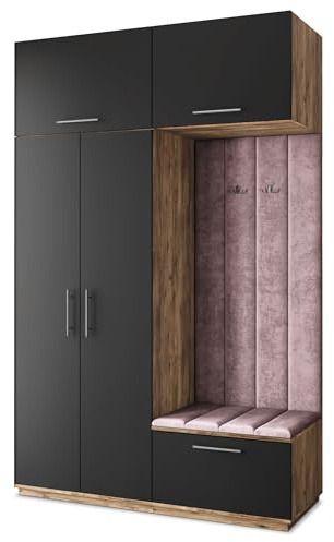Masseno Flugarderoben Set Rema, Kleiderschrank-Set mit Sitzbank, Garderobenschrank Flur mit 5 Regalböden, Eiche Lefkas/Schwarz