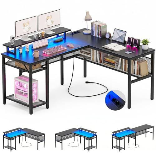 Homieasy Scrivania Angolare Gaming 141x118cm Reversibile LED e Prese