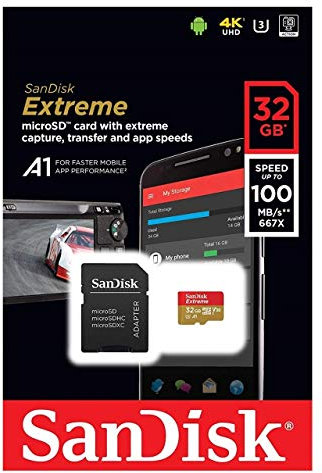 SanDisk Extreme 32GB microSDHC bis zu 90 MB/Sek, Class 10, U3 Speicherkarte mit Adapter