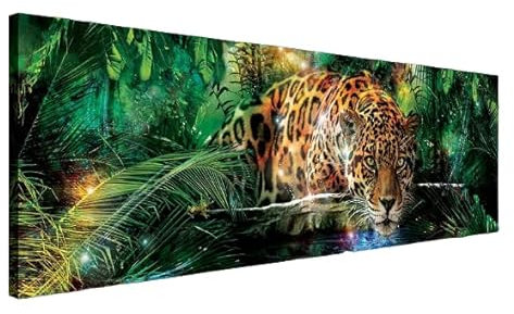 Bilder Panorama Canvas Jaguar Tiger Wald Natur Dschungel - 145x45 cm Leinwandbild Leinwandbilder Wandbild Wandbilder Bild auf Leinwand Wohnzimmer Schlafzimmer
