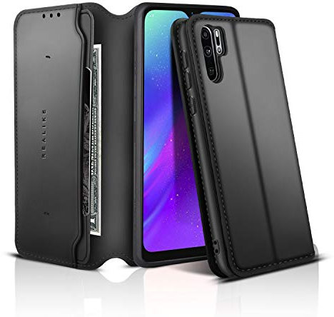 REALIKE für Huawei P30Pro Hülle Leder handgemachte Brieftasche Hülle Magnetverschluss Tasche mit Standfunktion Kartenfächer und Bargeld Schutzhülle für Männer und Frauen-Schwarz