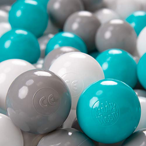 KiddyMoon 100 ∅ 6Cm Kinder Bälle Für Bällebad Spielbälle Baby Plastikbälle Made In EU, Grau/Weiß/Türkis
