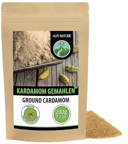 Alpi Nature Kardamom gemahlen 200g, Kardamomkapseln gemahlen | grüner Kardamom Samen Pulver, Cardamom Pulver, ideal für Chai & Desserts