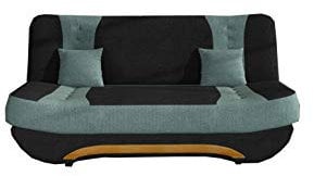 MOEBLO Sofa mit Schlaffunktion und Bettkasten, Couch für Wohnzimmer, Schlafsofa Federkern Sofagarnitur Polstersofa Wohnlandschaft mit Bettfunktion - Feba (Schwarz +Mintgrün (Soro 100 + Soro 34))