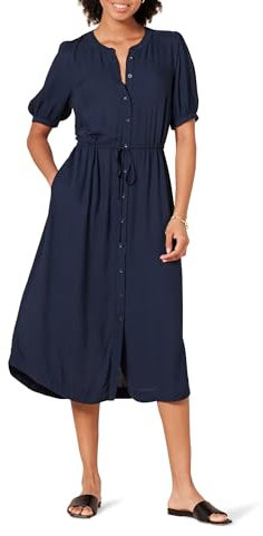 Amazon Essentials Women's Relaxed Fit Half-Sleeve Waisted Midi A-Line Dress, Navy, Small