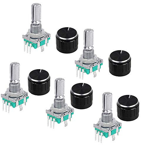 Sun3drucker 5Stk 360 Grad Drehgeber,Rotary Encoder Modul mit Schalter EC11 Digital Potentiometer Drehgeber Drehwinkelgeber 5 Pin und Drehknopf für Automobilelektronik Multimedia-Audio