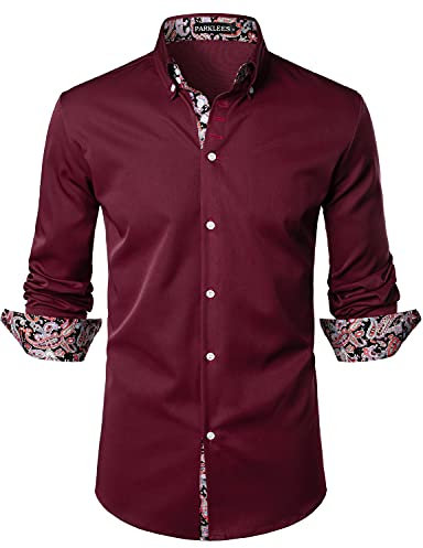 PARKLEES Mens Hipster Paisley Patchwork Design Slim Fit Long Sleeve Button Up Dress Shirts Burgundy L