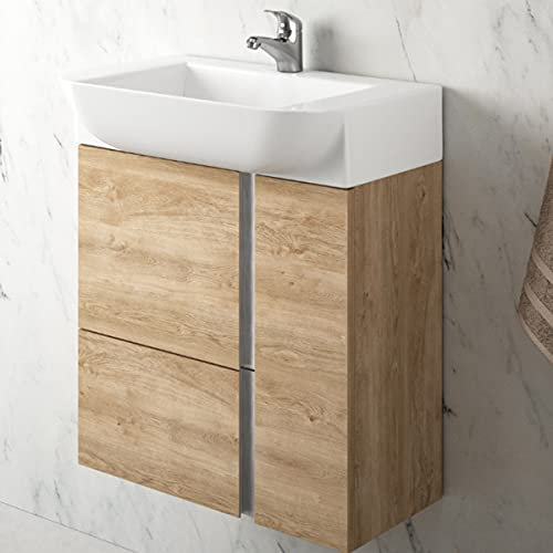 Mueble de Baño Suspendido a Pared Fondo Reducido Versa | Mueble Aseo Pequeño Volado 1 cajón 2 Puertas con Lavabo Cerámico (Roble Natural, 55 cm)