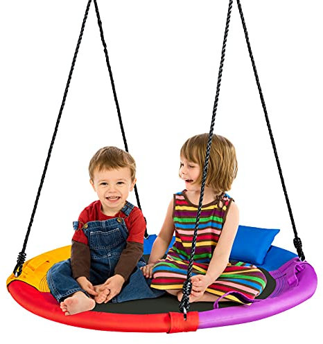 COSTWAY Balançoire Nid d'Oiseau Ø100 CM, Charge Max 150 KG, Balançoire Ronde pour Enfants et Adultes, Hauteur Réglable 100-180 CM, pour Jardin, Aire de Jeux (Coloré)