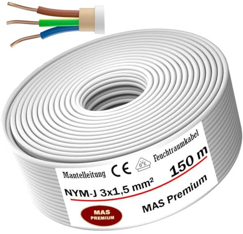 MAS Premium Câble d'Alimentation NYM-J pour Pièces Humides - 5 à 200 m - 3 x 1,5, 2,5, 4, 6, 10 ou 5 x 1,5, 2,5, 4, 6, 10, 16 - Câble Électrique pour Pose Fixe (3 x 1,5 mm², 150 m)