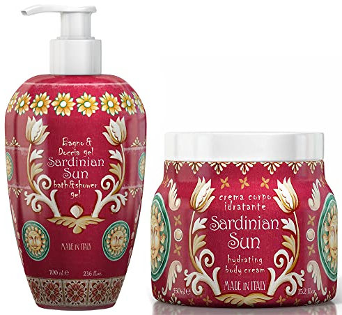 Le Maioliche – Sardinian Sun – Duschbad Schaum 700 ml + Körpercreme 450 ml – Made in Italy – Noten von Bergamotte, Magnolie, Oleander, Zitrone + 2 funktionelle Kräutertees Viropa