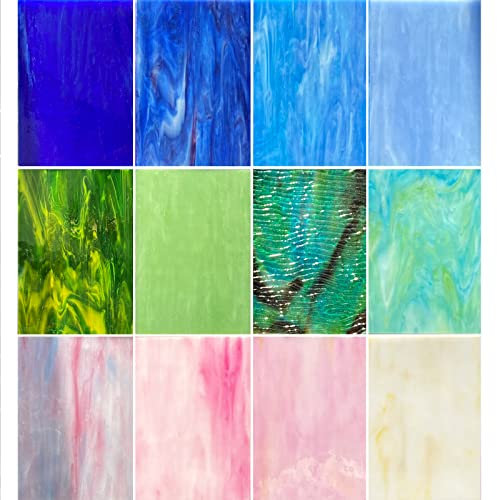 Hengyisha, 12 Blatt Buntglas-Blätter, 15,2 x 10,2 cm, Kathedrale Glasmosaik-Glasfliesen zum Basteln, Buntglaszubehör für bunte Glasprojekte, gemischte blau, grün, rosa, lila Farben