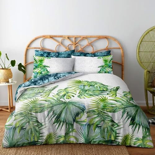 Lions Tropical Leaves Bedding - 3 Piece King size Duvet Cover Sets with Pillowcase, Poly Cotton Reversible Leaf Printed Quilt Covers, Palm Tree Plants Bed Sets, White Green