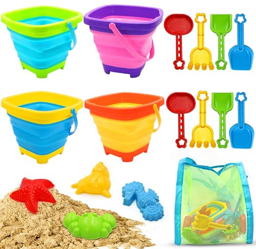 SUPGOMAX Sand Spielzeug 17Pcs Strandspielzeug, Kinder Sandkasten Spielzeug inkl. Faltbarer Strandeimer, Netzbeutel, Sandformen, Sandschaufel, Strand Sandspielzeug für Jungen Mädchen