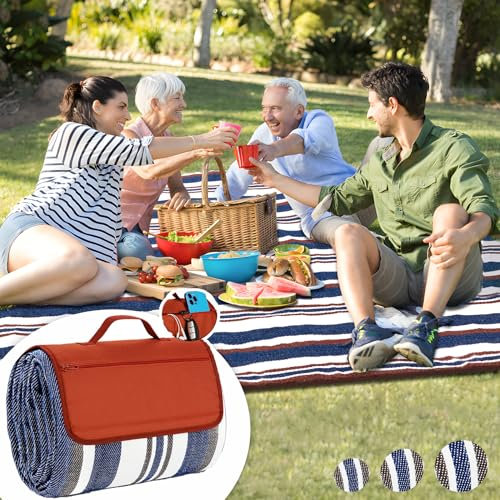 Boobhone Extra große Picknickdecke, wasserdicht, sanddicht, faltbar, Outdoor-Strandmatte, blau und weiß gestreifte Picknickdecke, tolles Geschenk für Frühling, Sommer, Camping
