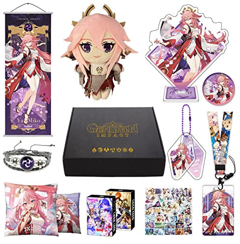 Genshin Impact Merch Box inkl. 11 Geschenk, Alle 5 Stars Charaktere Plush Poster Stand Figur Geschenkbox Set, Sammlung für Traveller Fans (Yae Miko)